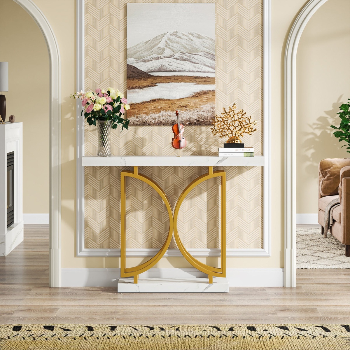 Console Table, Faux Marble Sofa Table with Double D-Shaped Metal Base - Image 4