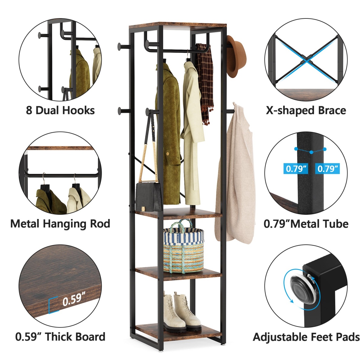 Coat Rack, Freestanding Corner Hall Tree with 4 Shelves 8 Hooks - Image 7