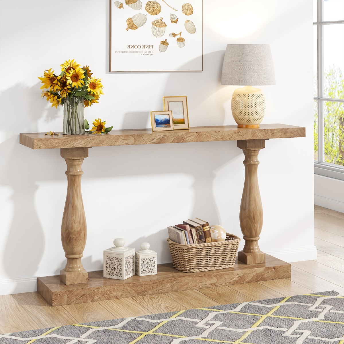 Console Table, 63? Solid Wood Entryway Table with Floor Shelf - Image 2