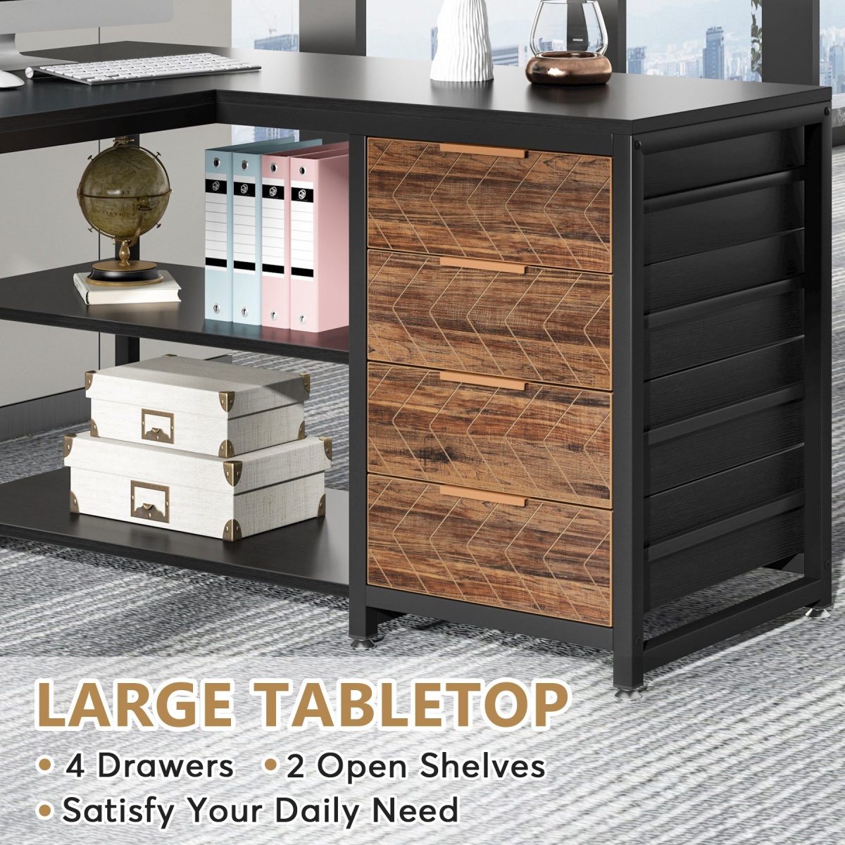 L-Shaped Desk, 59? Reversible Corner Desk with Drawers & Shelves - Image 6