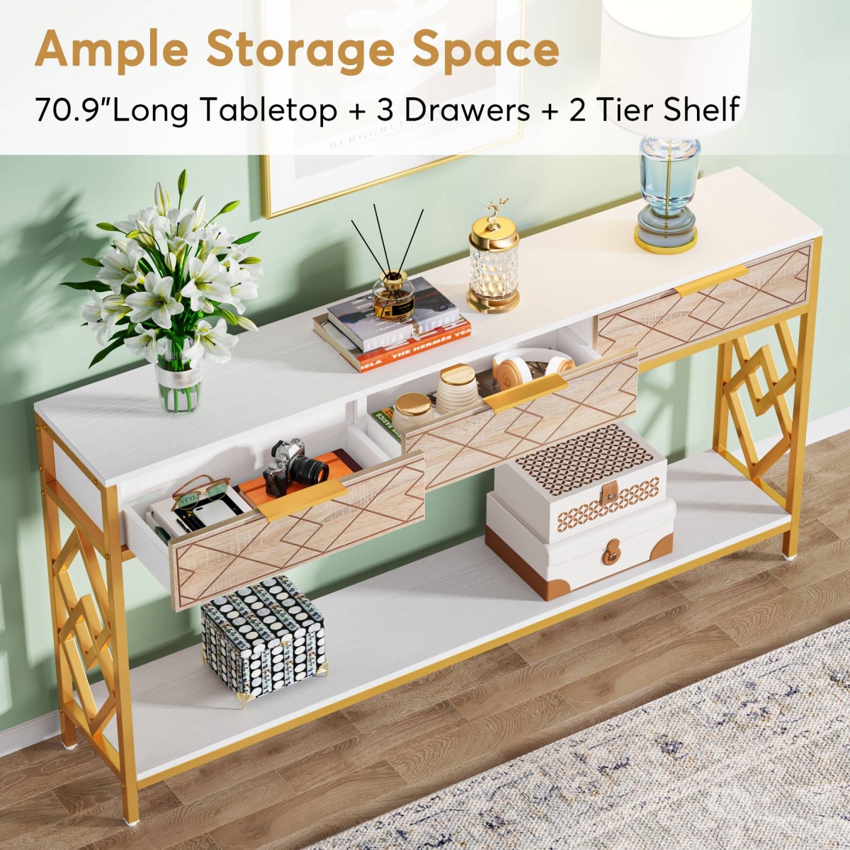 Console Table, 70.9 inch Sofa Entryway Table with 3 Drawers & Shelves - Image 6