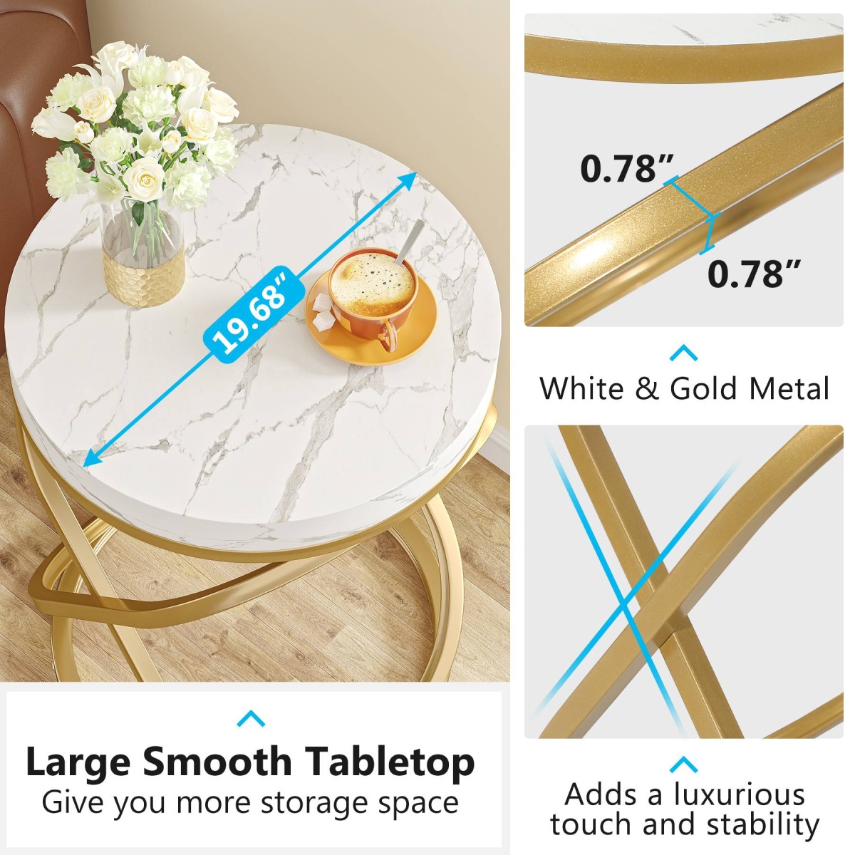 End Table, 26? Tall Round Sofa Side Table with Faux Marble Top - Image 7