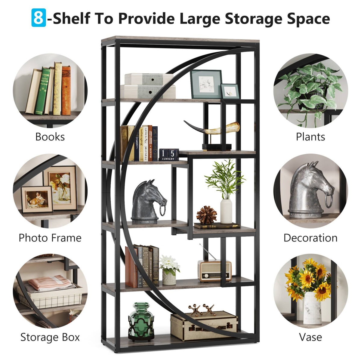 Bookshelf, Industrial Bookcase with 8 Open Storage Shelf - Image 7