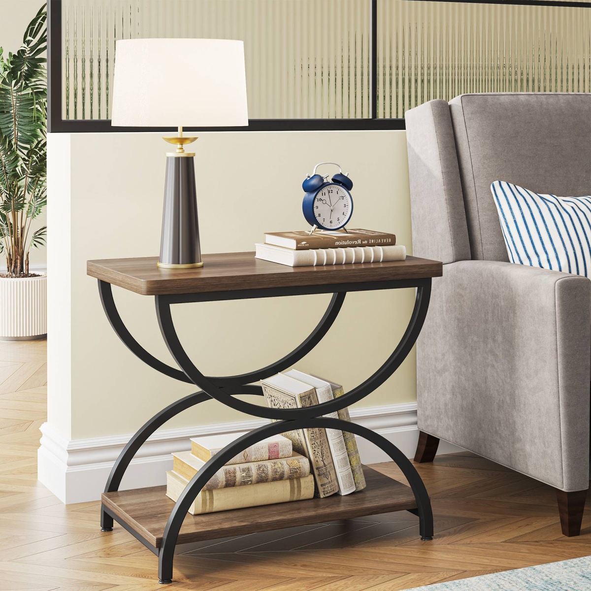 Round End Table, Industrial Side Table with Metal Hollow Frame - Image 93