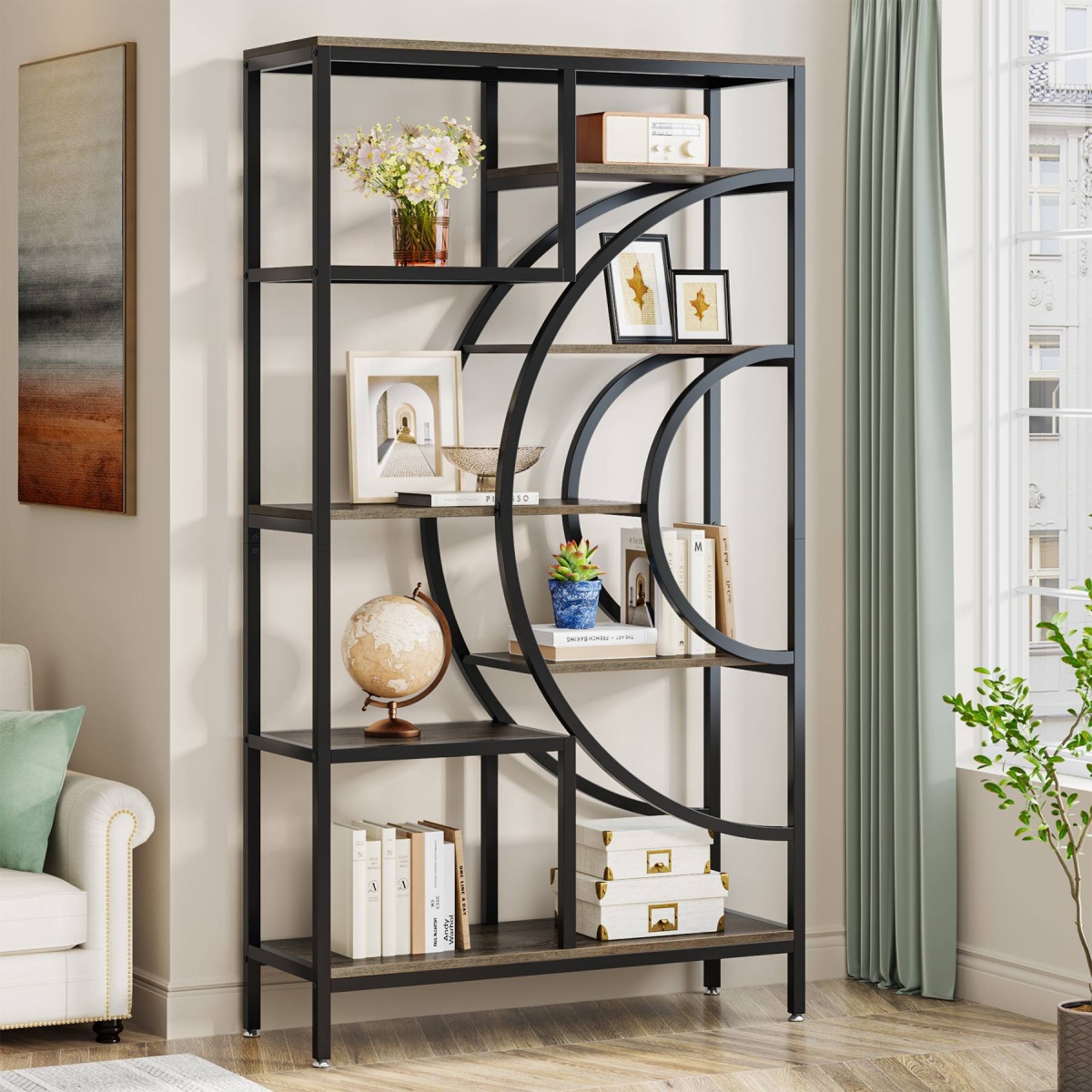 Bookshelf, 71? Geometric Bookcase, Industrial 8-Tiers Etagere Shelving Unit - Image 5