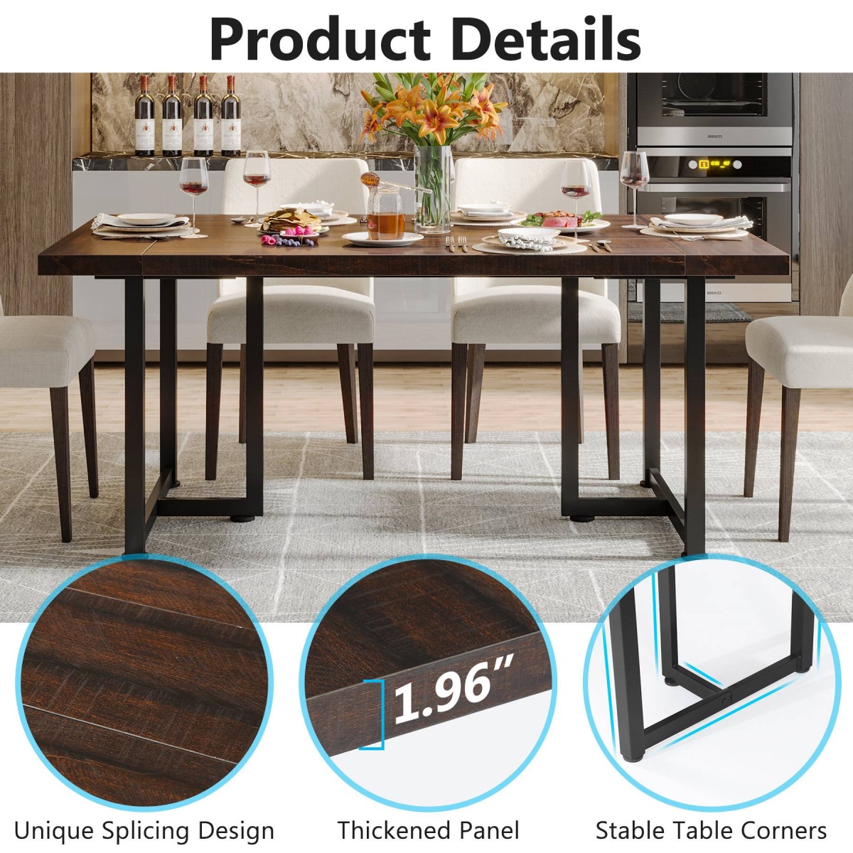 Dining Table, Industrial Rectangular Kitchen Table for 4-6 People - Image 8