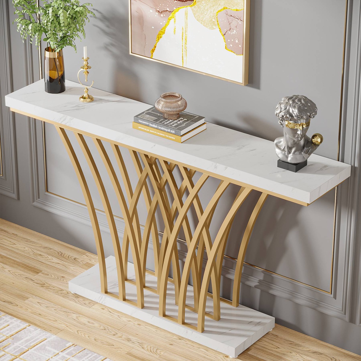 Console Table, 59 ? Faux Marble Entryway Table with Geometric Metal Base - Image 6