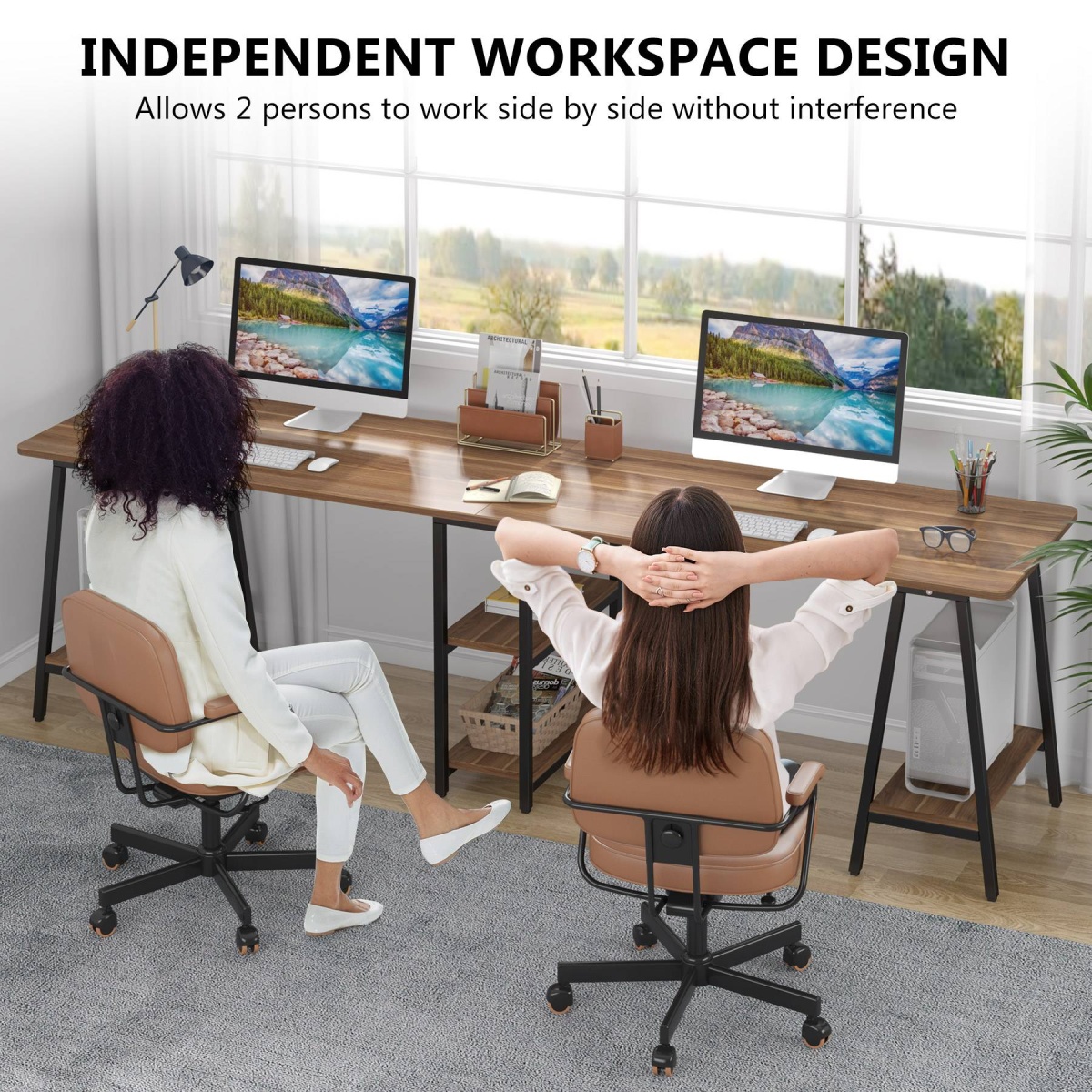 Two Person Desk, 94.5? Double Computer Desk with Storage Shelves - Image 7