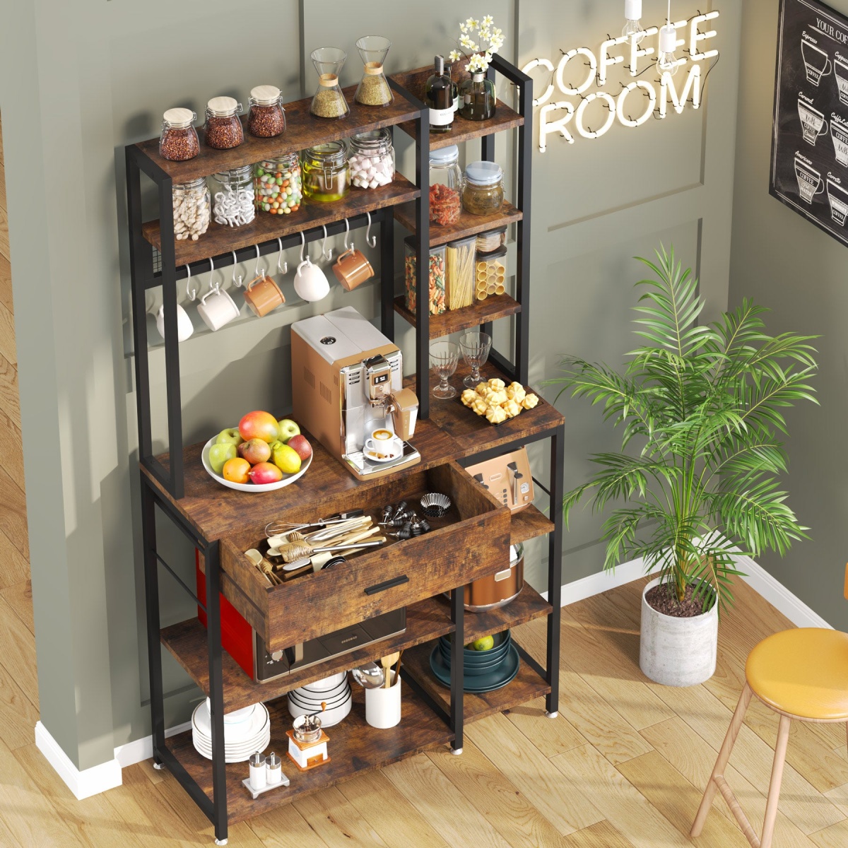 Kitchen Baker?s Rack, 70.9? Kitchen Storage Shelf with Drawer & Hutch - Image 6