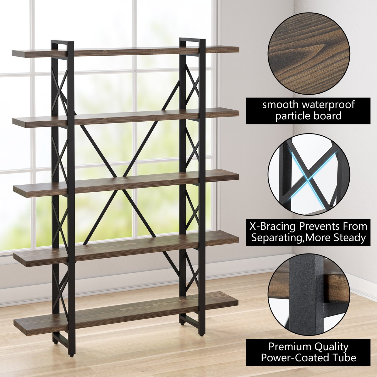 Bookshelf, 72? Solid Wood Bookcase 5-Shelf Display Rack - Image 5