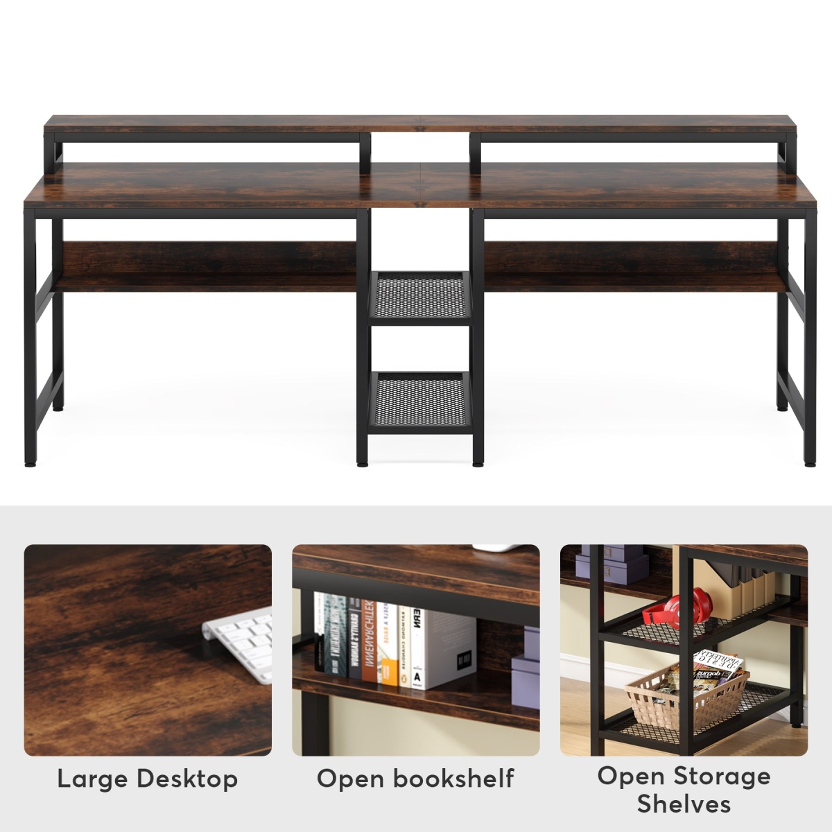 Two Person Desk, 78.7? Double Computer Desk with Monitor Riser & Shelves - Image 7