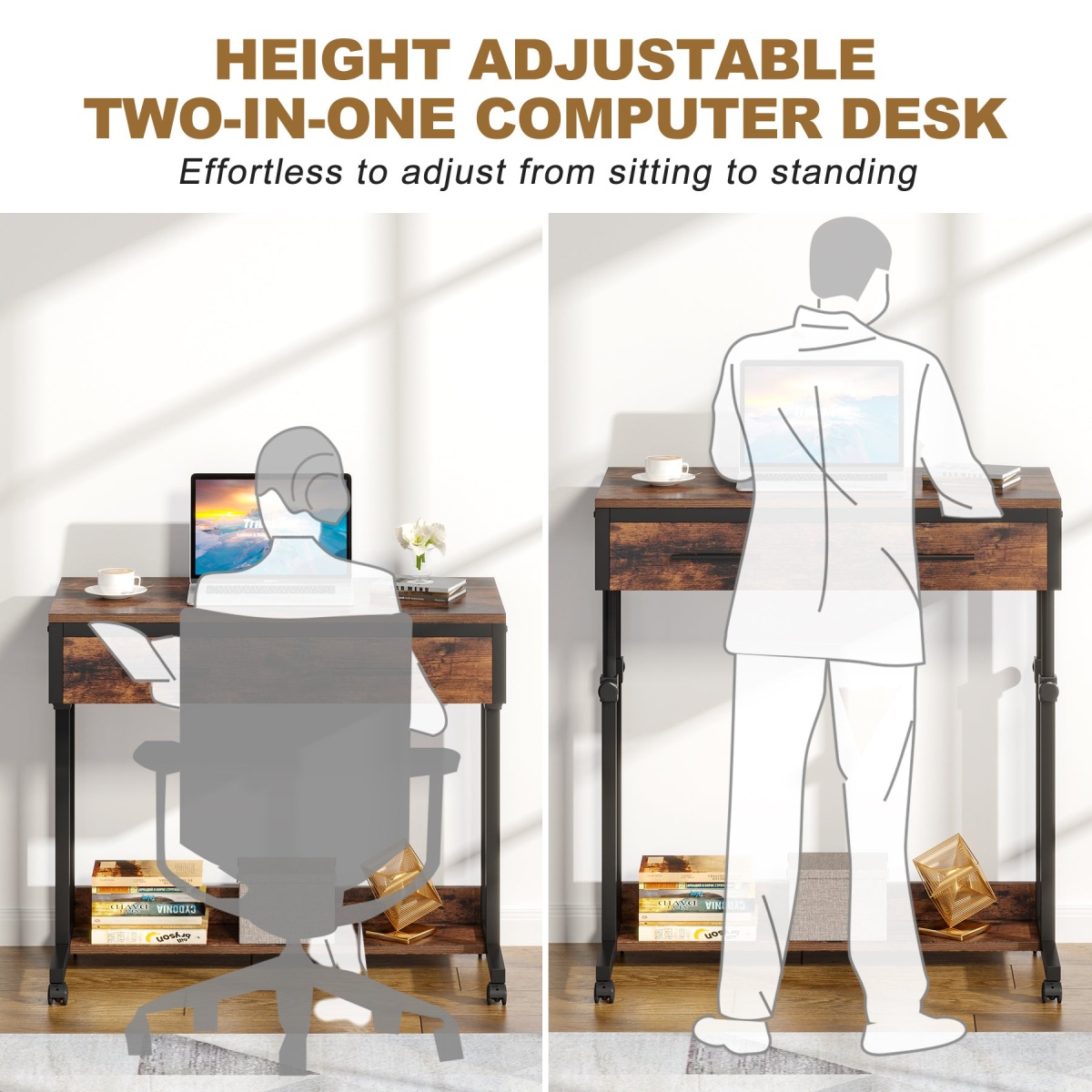 Height Adjustable Desk, Mobile Side Table Portable Desk with Drawers - Image 6