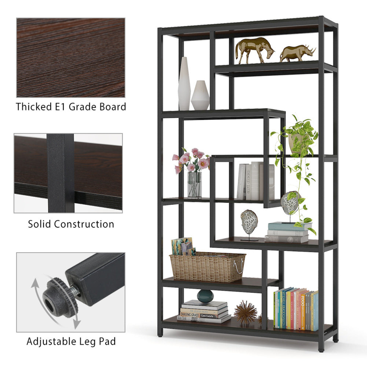 8-Shelves Staggered Bookshelf, Industrial Etagere Bookcase - Image 6