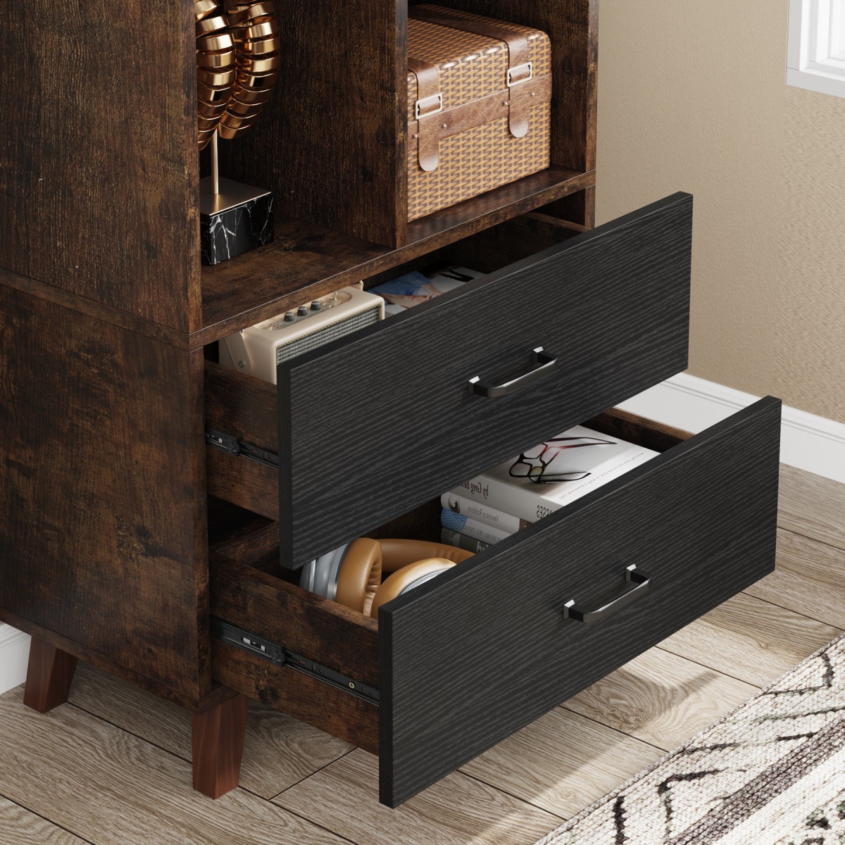 Bookshelf, 7 Cube Bookcase Rack with 2 Storage Drawers - Image 6