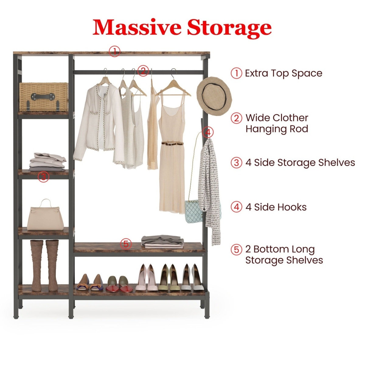 Freestanding Closet Organizer, Garment Rack with 4-Tier Shelves - Image 7