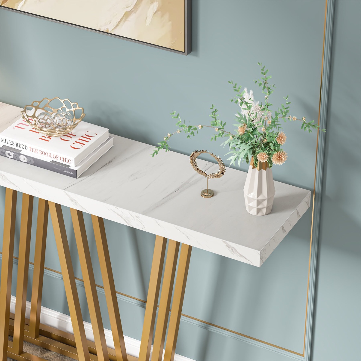 Console Table, 55? Modern Sofa Table with Faux Marble Surface - Image 6