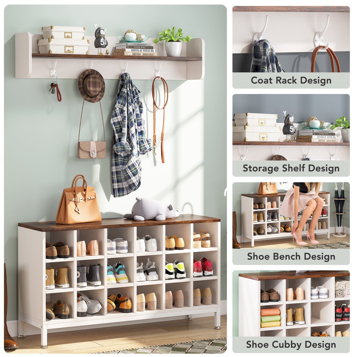 Coat Rack Shoe Bench Set, Hall Tree with Bench and 18 Shoe Cubbies - Image 5