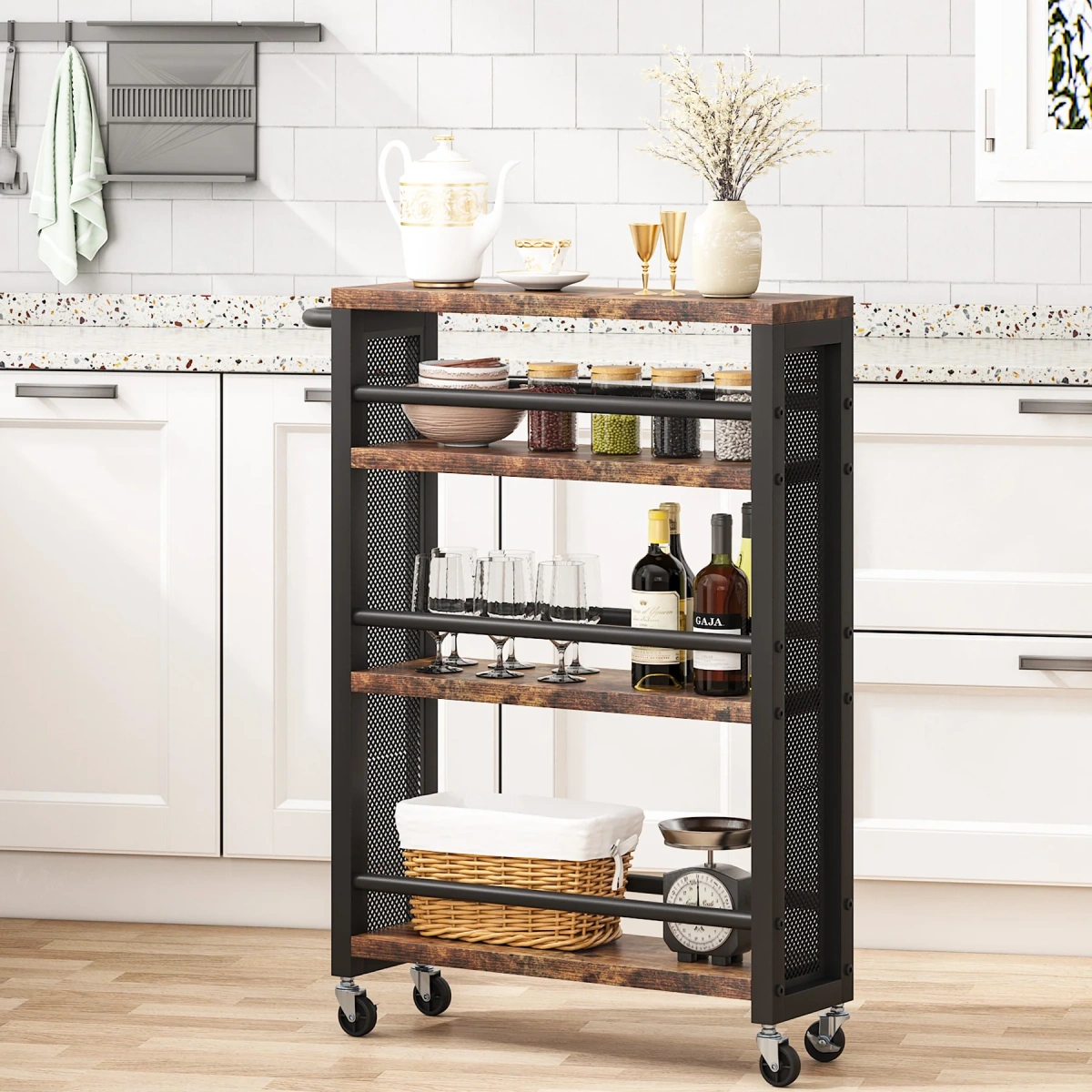 Slim Kitchen Cart, 4-Tier Storage Rolling Cart with Handle - Image 1