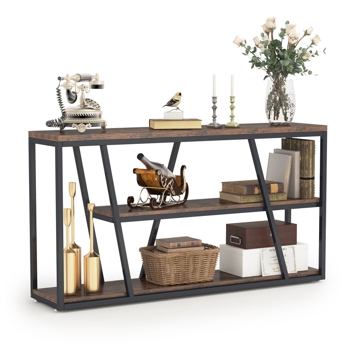 Console Table, Industrial 3-Tier Sofa Entryway Table with Open Shelves - Image 1