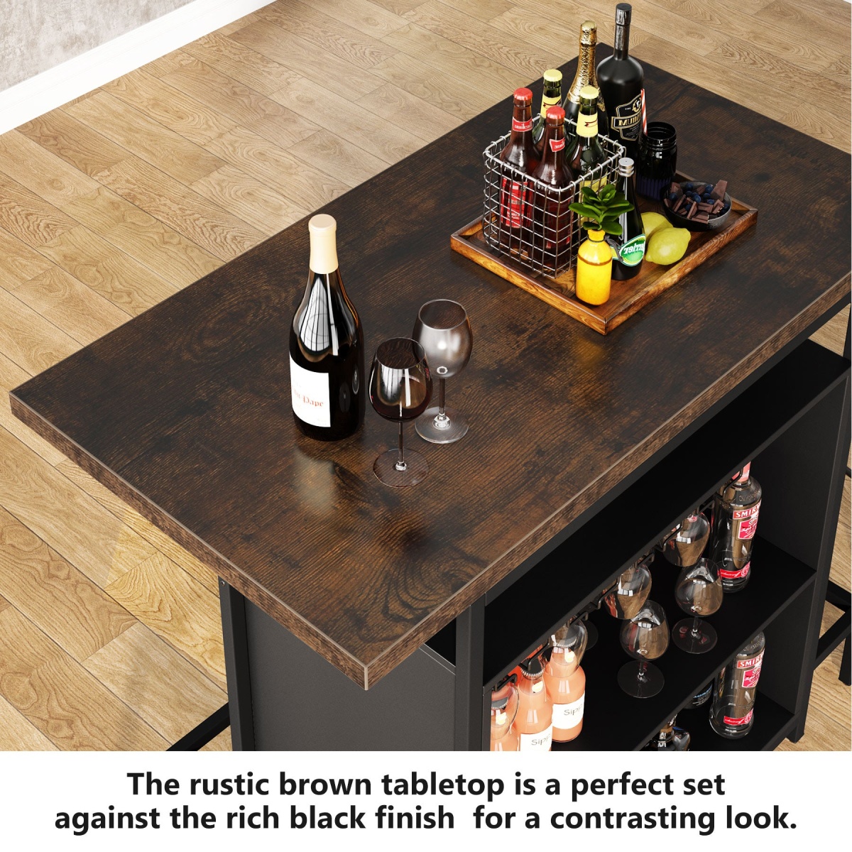 Home Bar Unit, Industrial 3-Tier Liquor Bar Table with Glasses Holder - Image 7
