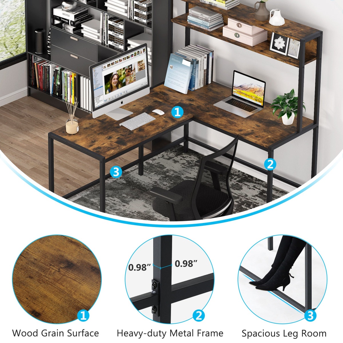 L-Shaped Desk, Computer Desk with Hutch, Study Corner Desk - Image 7