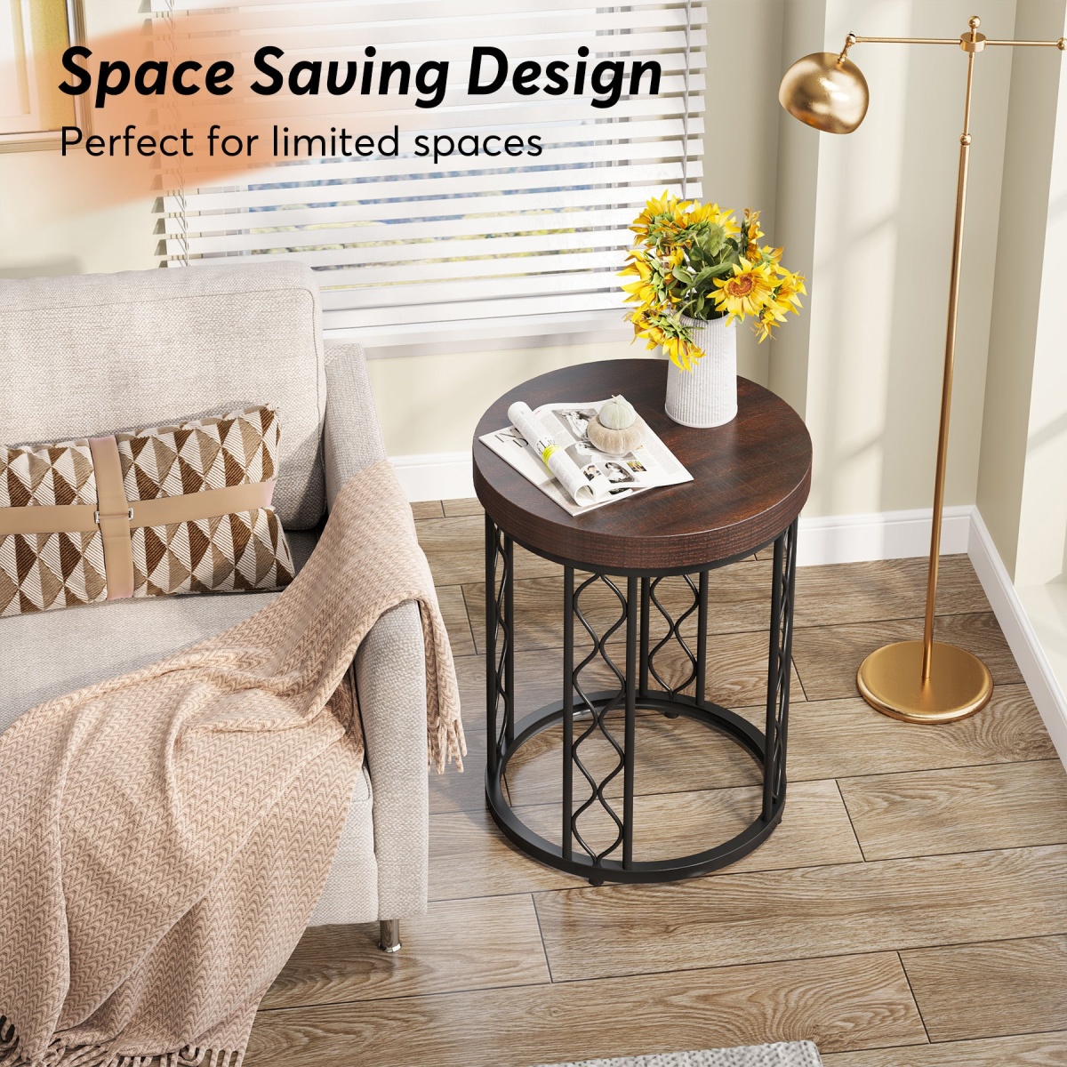 End Table, Round Side Table Nightstand with Metal Frame - Image 6