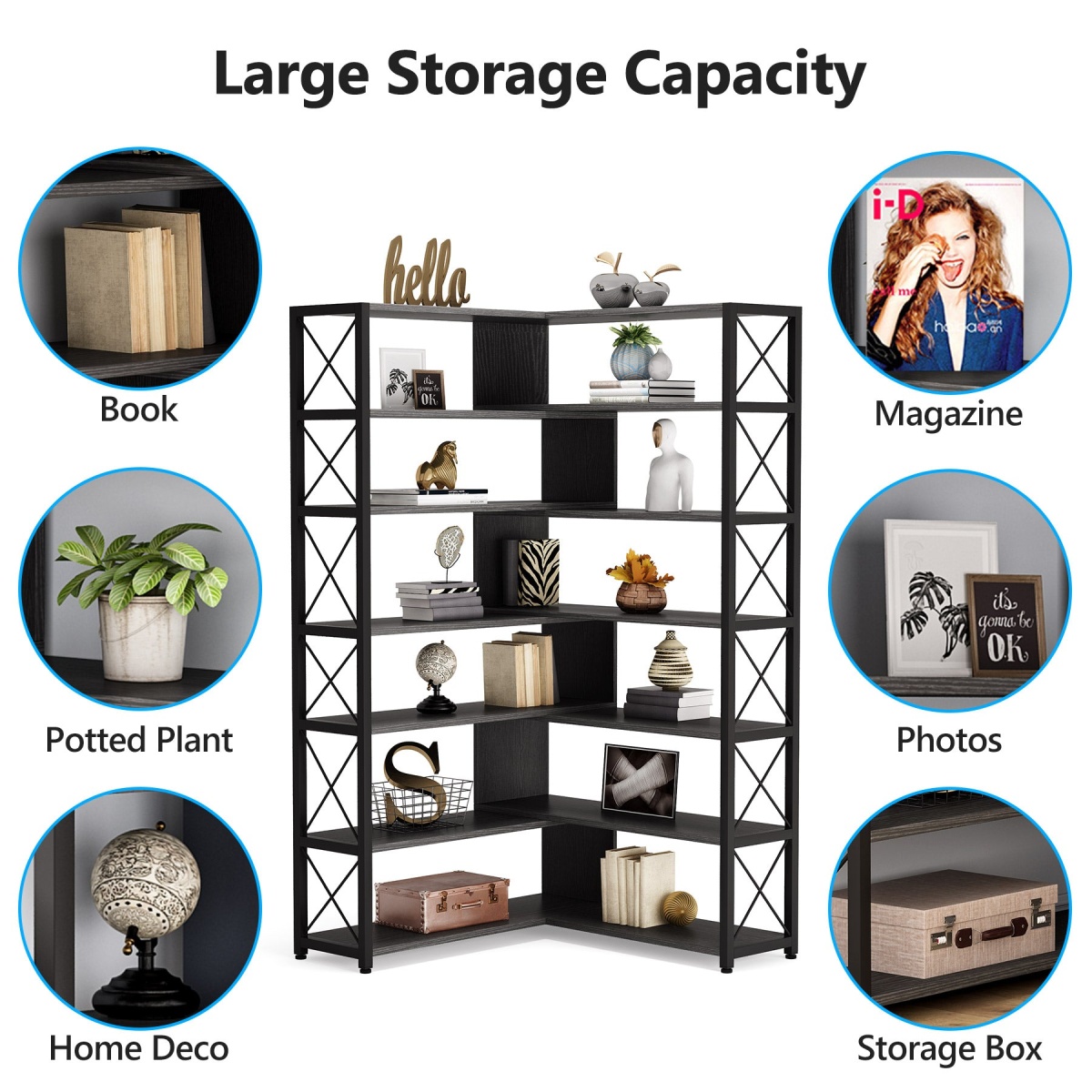 Corner Bookshelf, 6-Tier Bookcase Corner Storage Display Stand - Image 7
