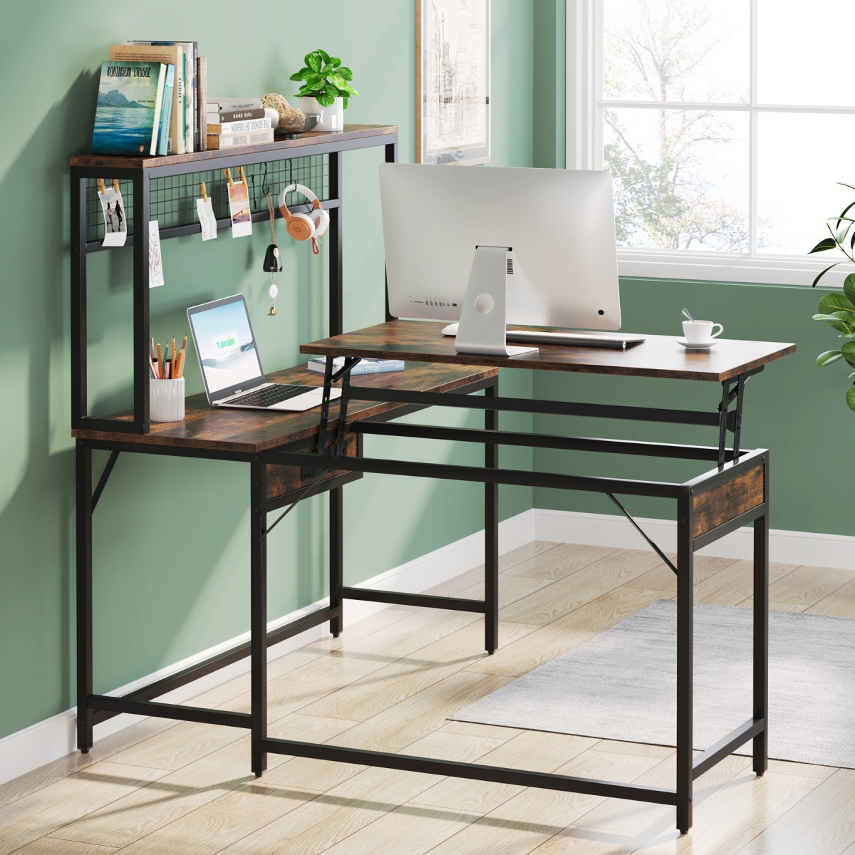 Lift Top L-Shaped Desk, Corner Height Adjustable Desk with Hutch - Image 5