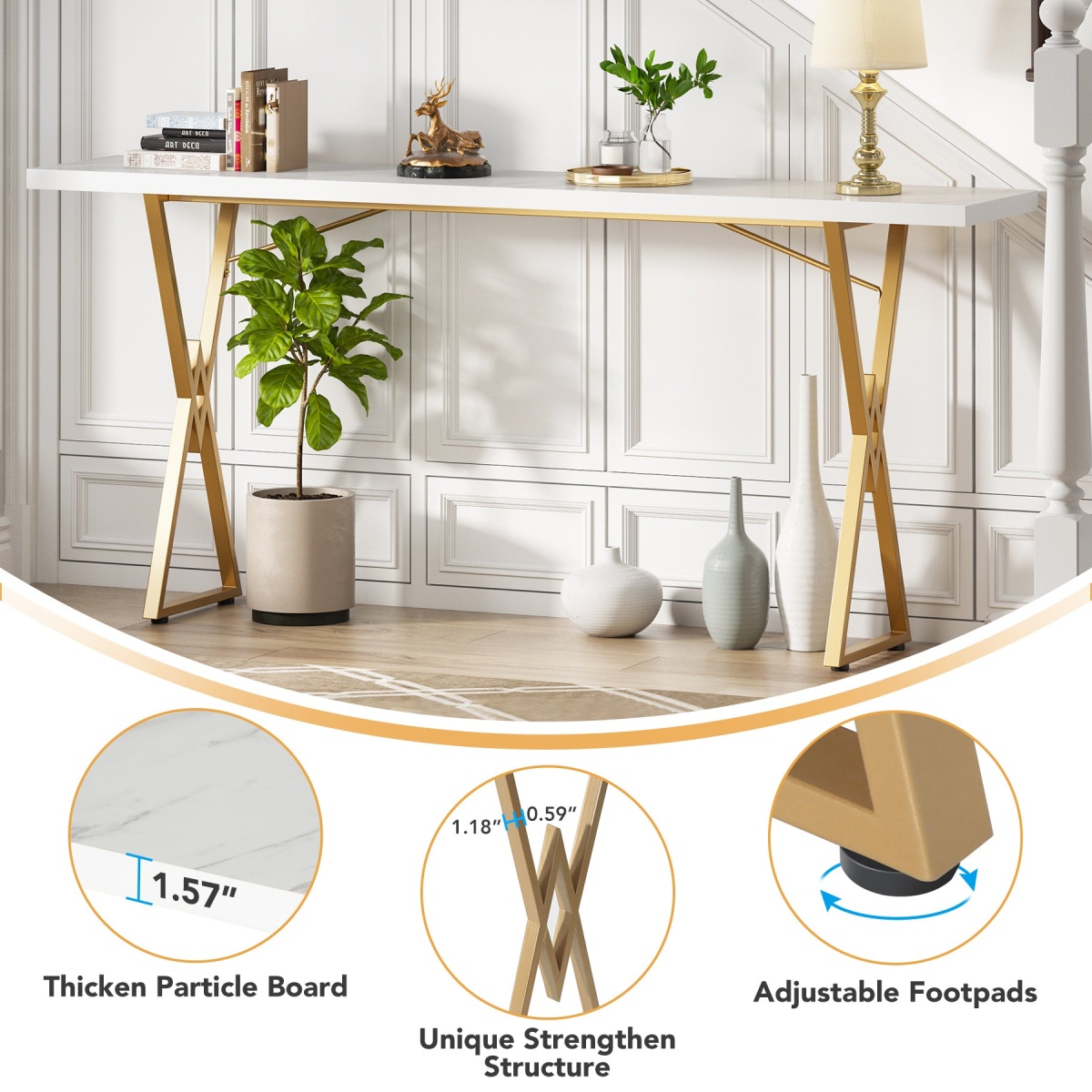 Console Table, 70.9 Inch Sofa Table Hallway Table, White and Gold - Image 6
