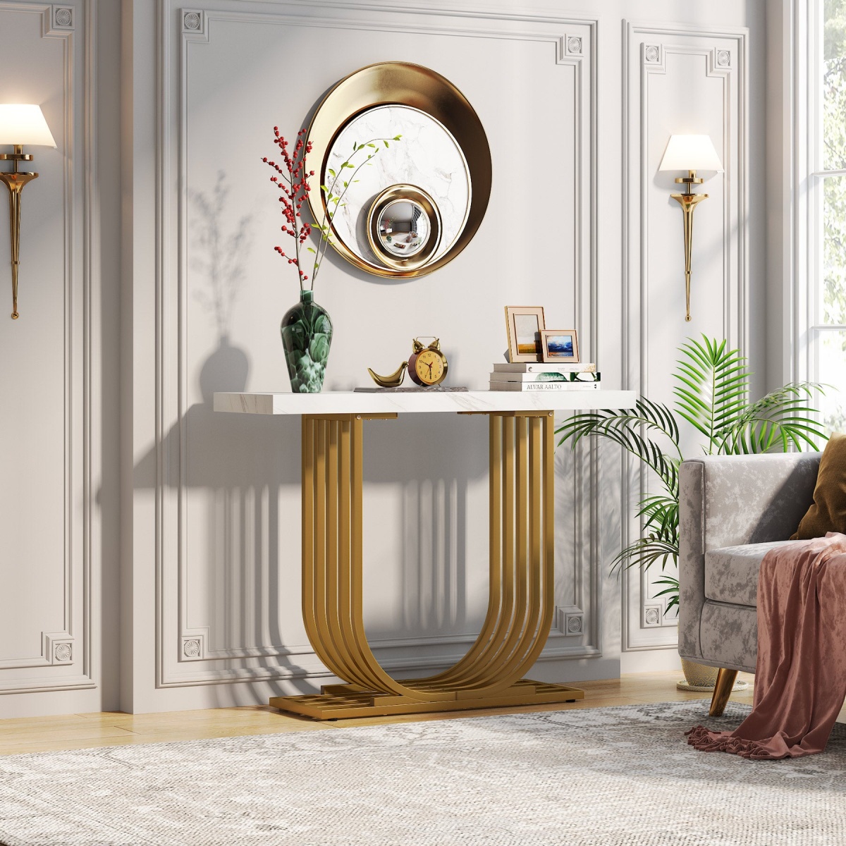 Console Table, 39? Faux Marble Entryway Sofa Table with U-Shaped Base - Image 5