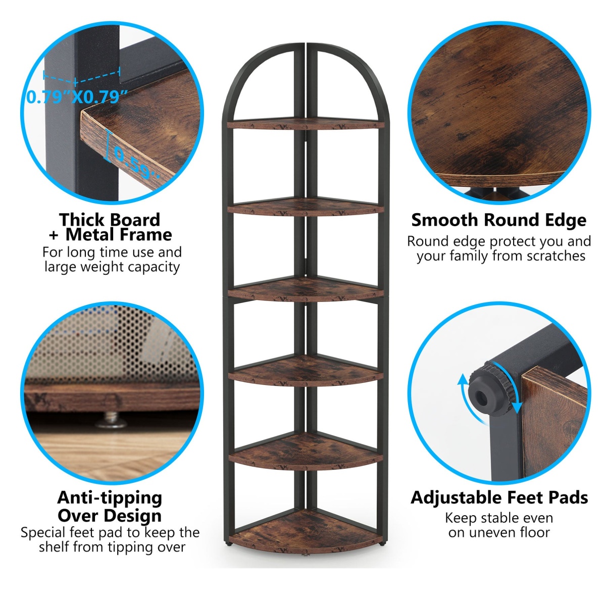 6 Tier Corner Shelf, 71 inch Tall Corner Bookshelf for Small Space - Image 7