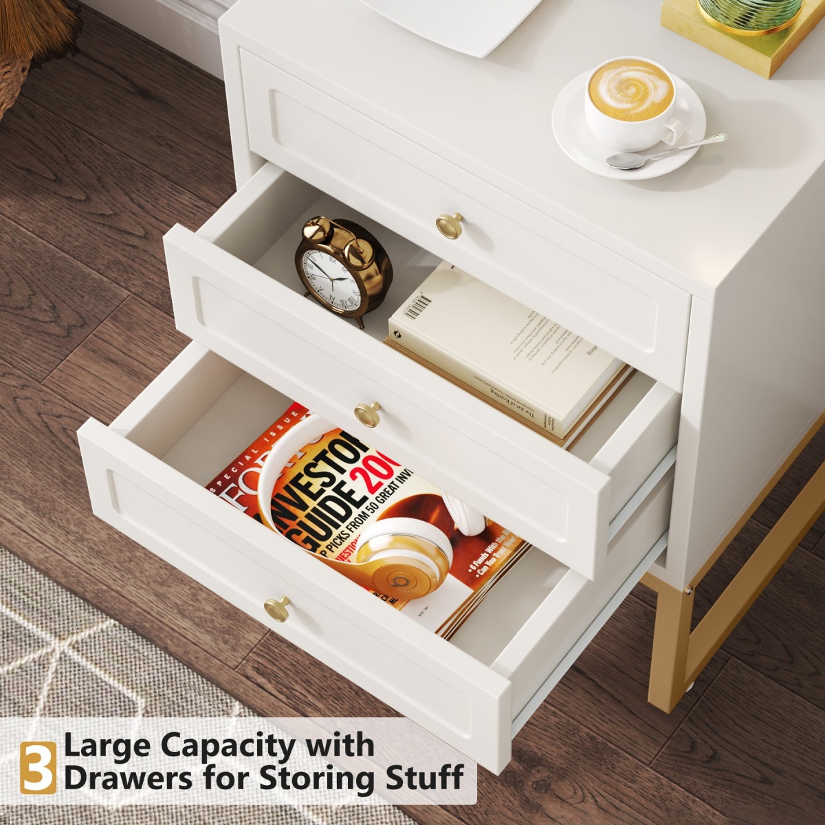 Nightstand, Modern Bedside End Table with 3 Drawers - Image 7