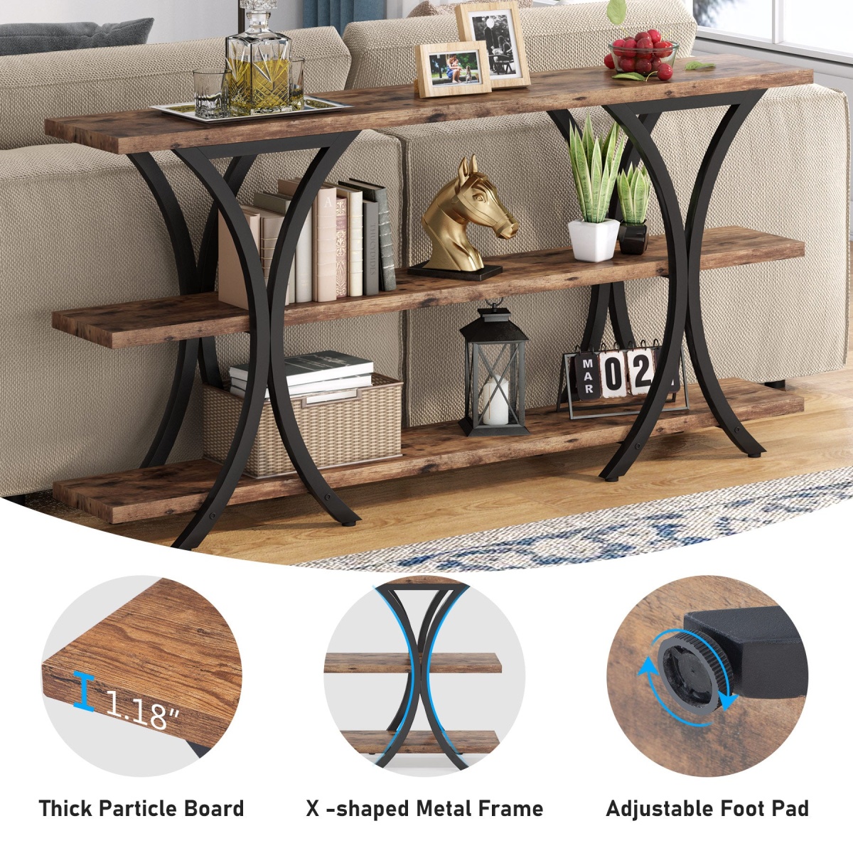 Console Table, Industrial Entryway Sofa Table with 3-Tier Shelves - Image 7