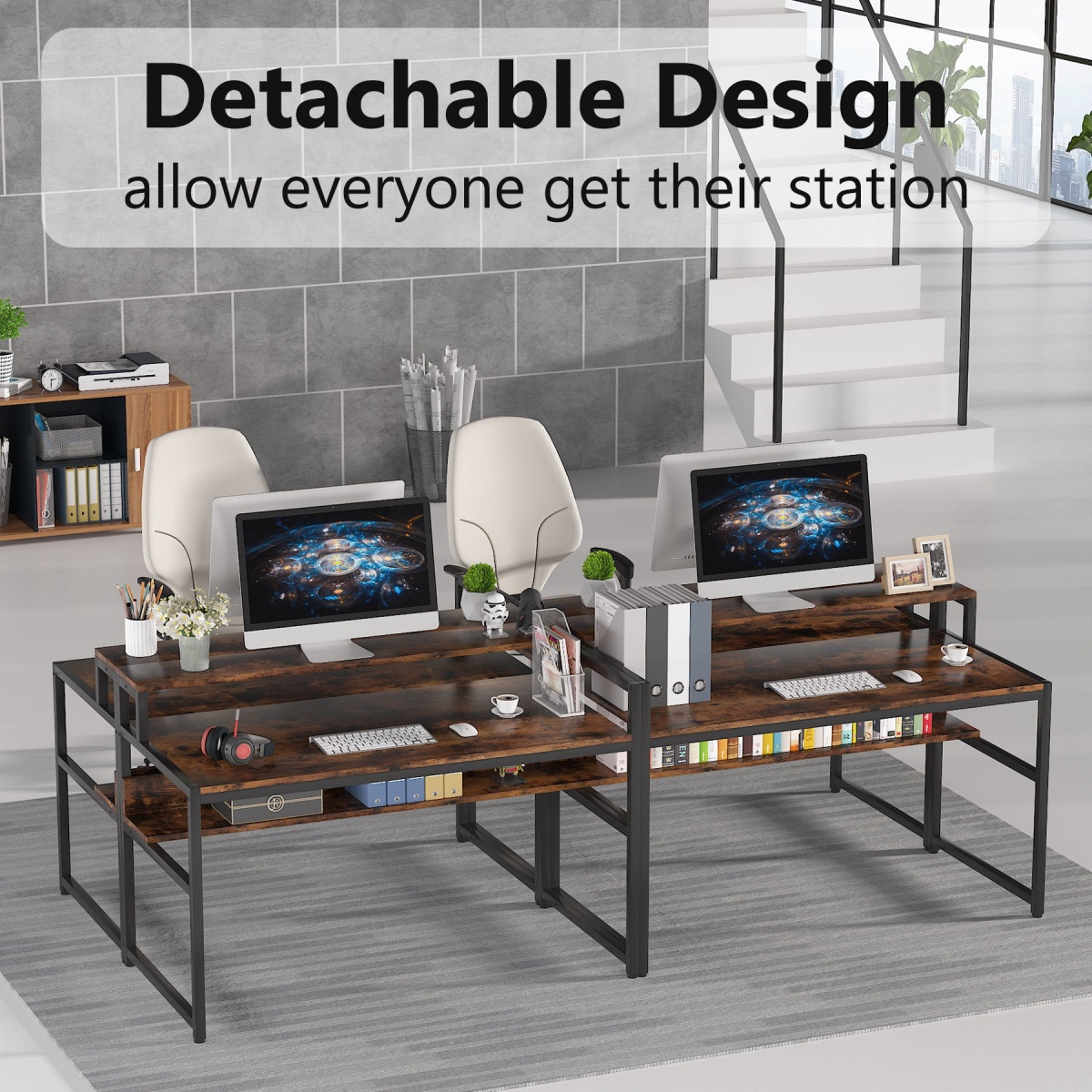 L-Shaped Desk, Corner Computer Desk with Monitor Riser - Image 5
