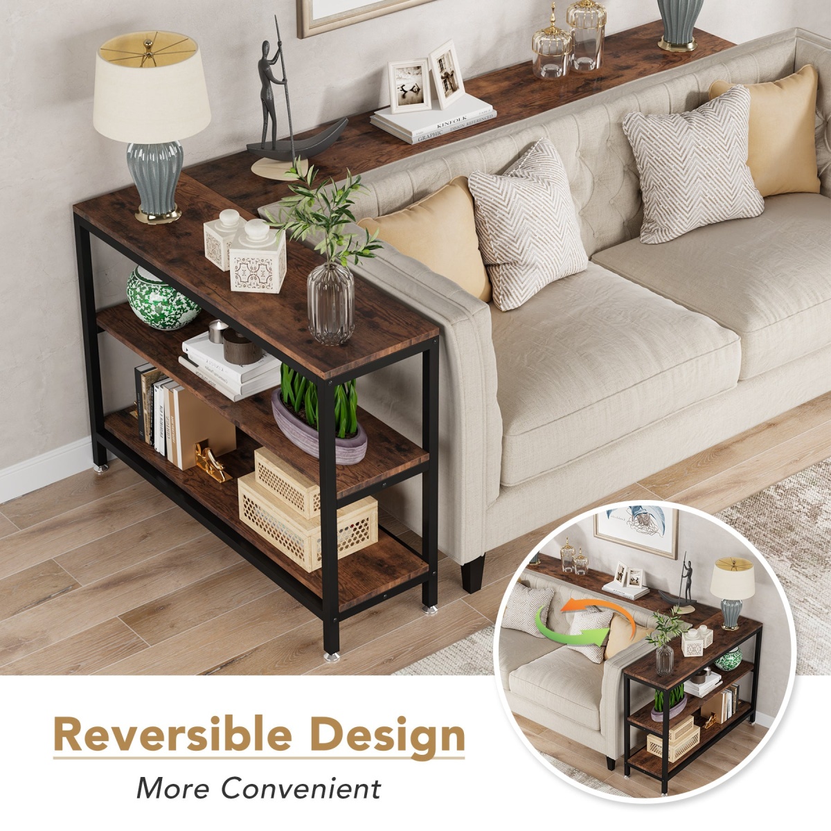 L-Shaped Console Table, Reversible Sofa Table with 3-Tier Shelves - Image 6