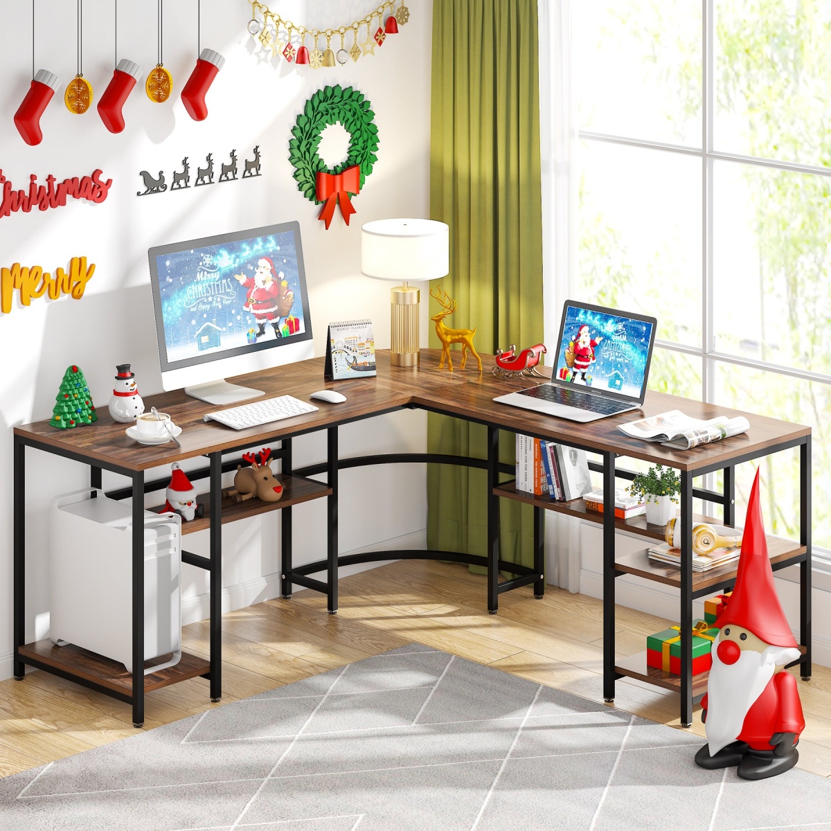L-Shaped Desk, 59? Reversible Corner Computer Desk with Storage Shelves - Image 2