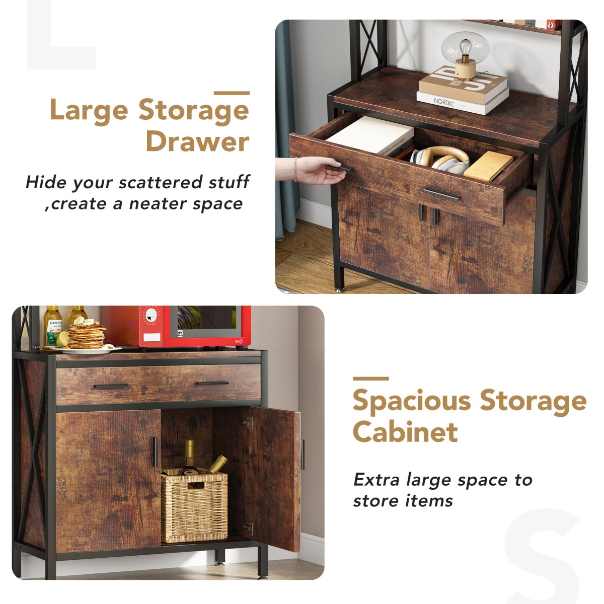 Bookshelf, 4-Tier Etagere Bookcase with Drawer & Cabinet - Image 7