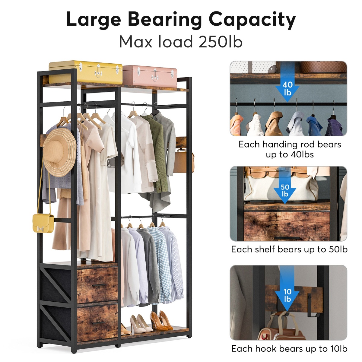 Freestanding Closet Organizer, 2 Fabric Drawers Garment Clothes Rack - Image 5