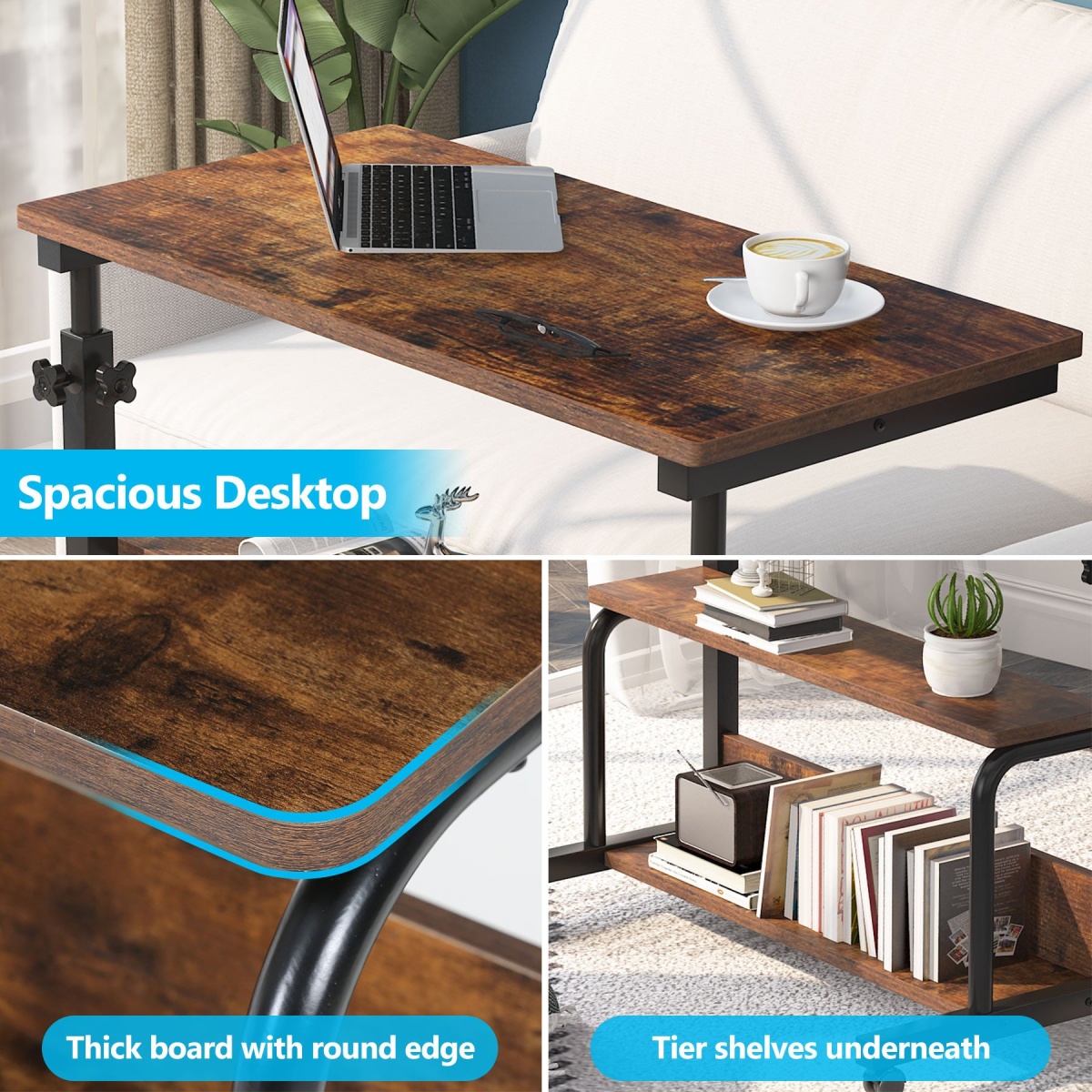 C Table, Height Adjustable Bedside Sofa Table with Wheels - Image 7
