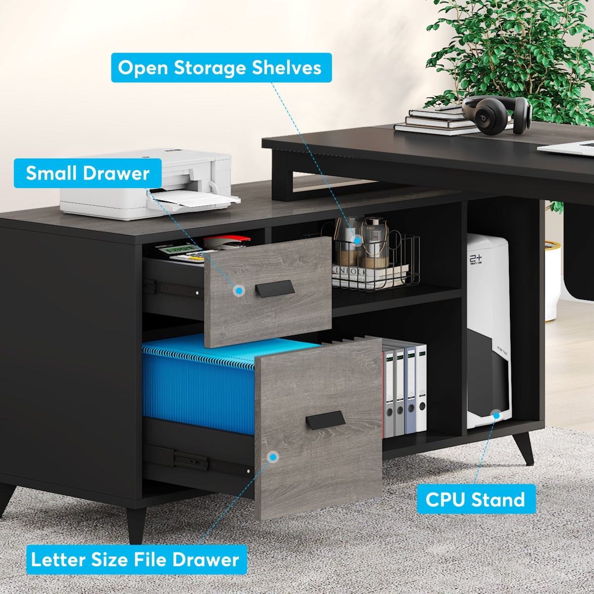 L-Shaped Desk, 70.8 Inch Executive Desk with 47.2 Inch File Cabinet - Image 6