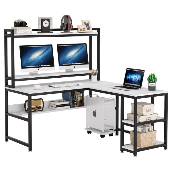 L-Shaped Desk, 59? Reversible Corner Desk with Storage Shelves