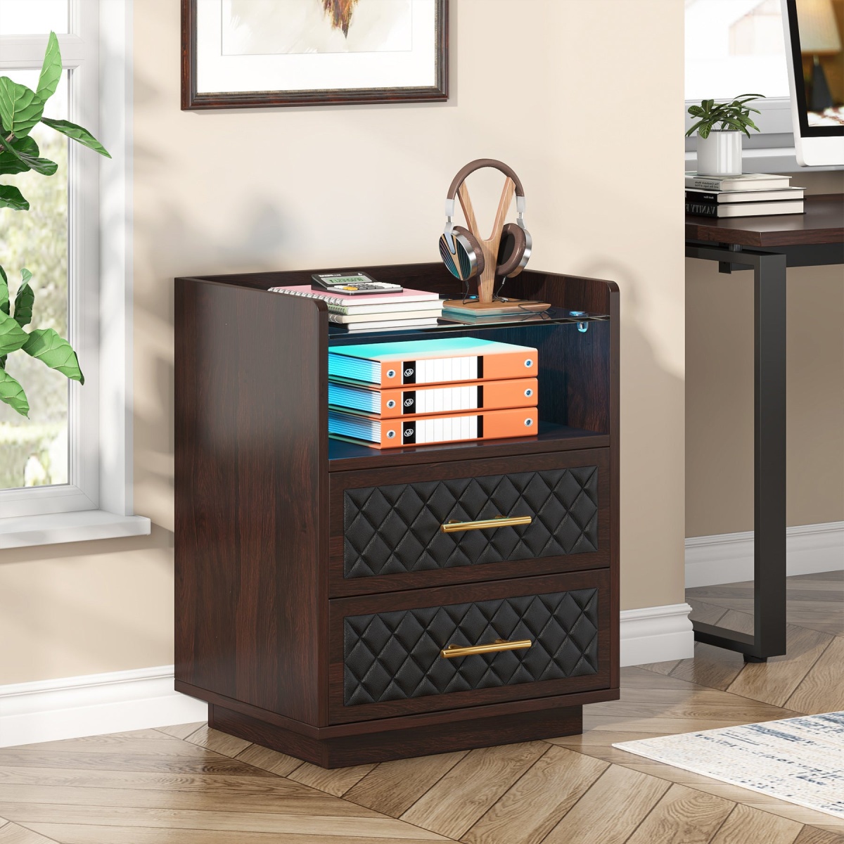 Nightstand, 2 Drawers Beside Table with LED Lights and Shelves - Image 5