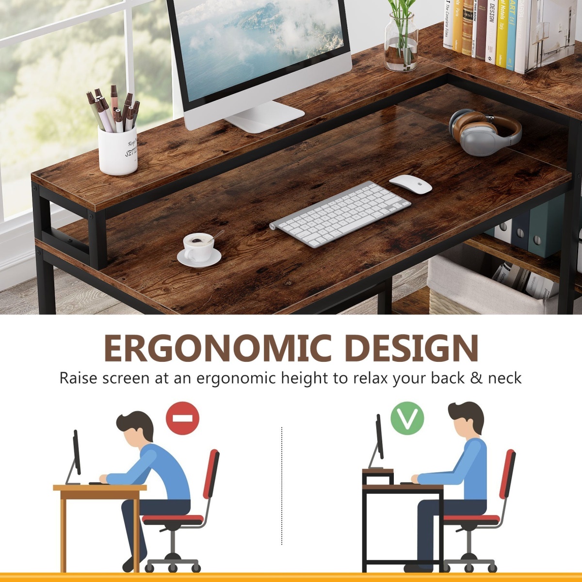 Reversible L Shaped Computer Corner Desk with Shelves - Image 7