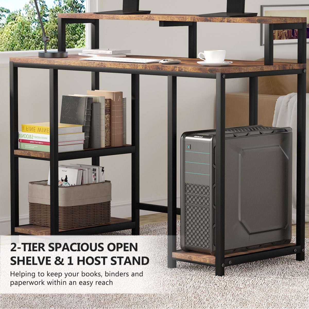 Computer Desk, Industrial Writing Desk with Storage Shelves - Image 7