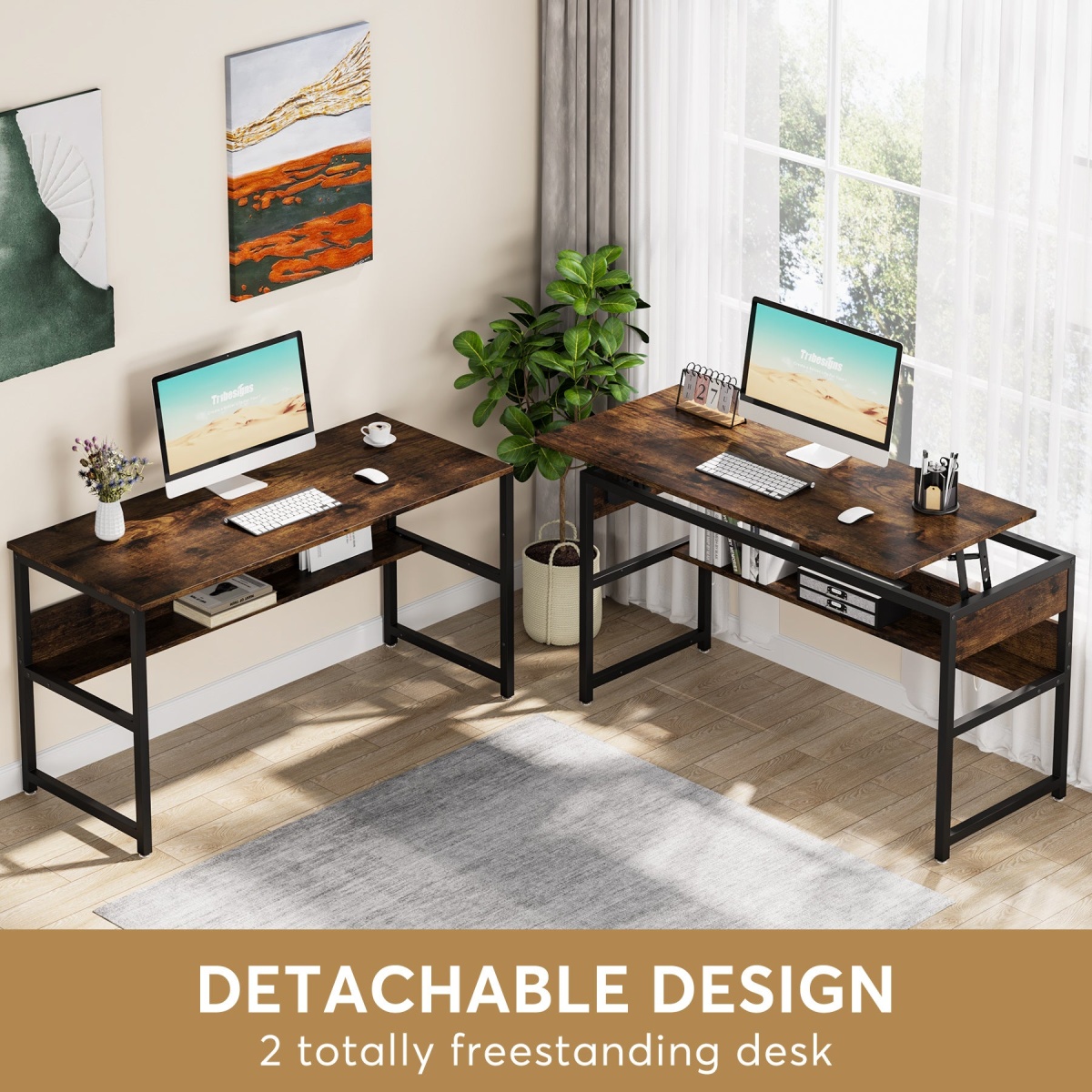Lift Top L-Shaped Desk, Corner Computer Desk with Storage Shelves - Image 5
