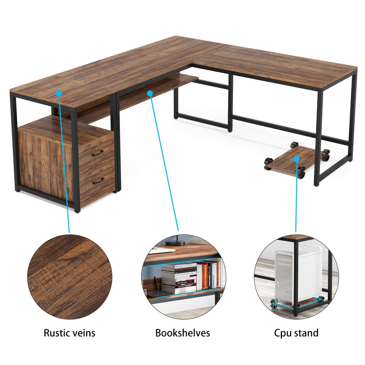 L-Shaped Desk, 70? Computer Desk with Bookcase and Cabinet - Image 6