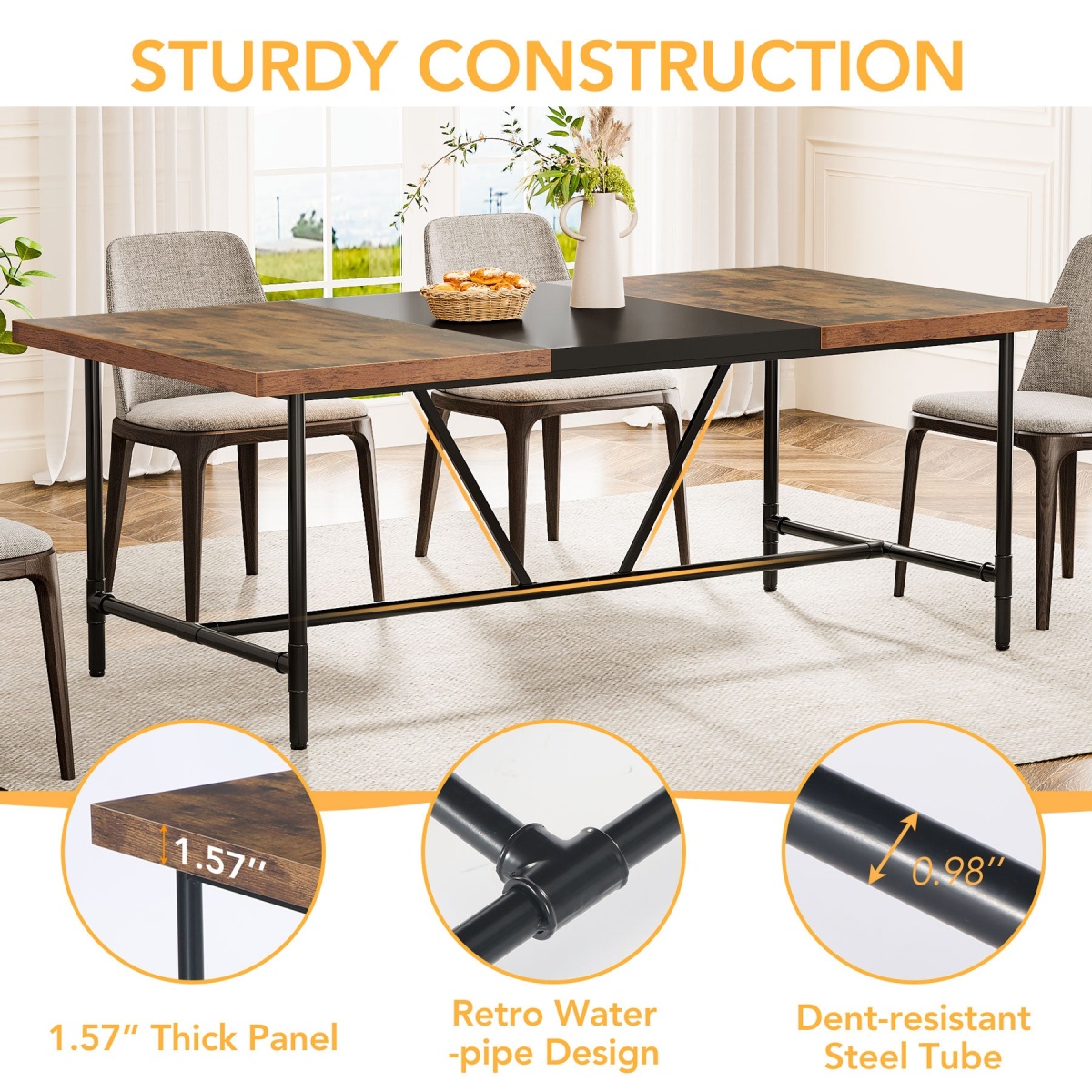 Dining Table, Industrial Breakfast Dinner Table for 6-8 people - Image 7