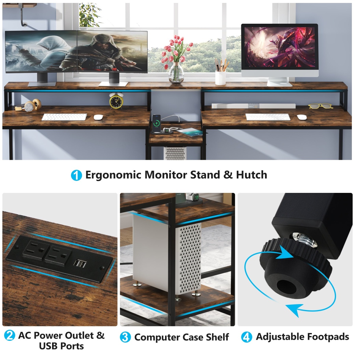 Two Person Desk, 93? Double Computer Desk With USB Ports & Power Outlet - Image 5
