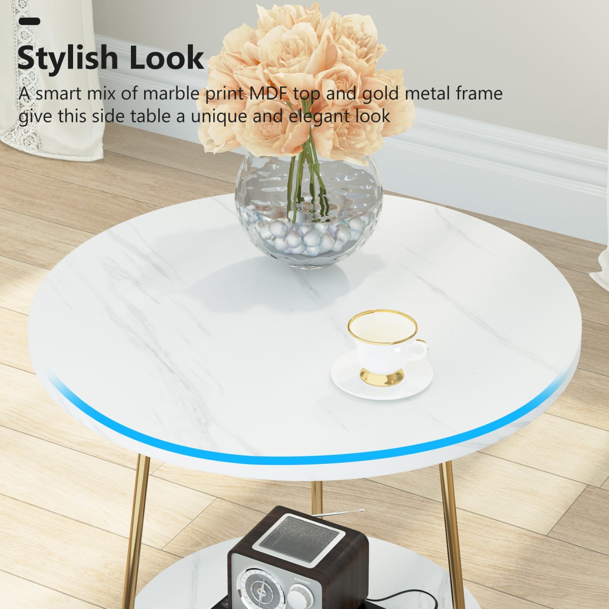 End Table, 2 Tier Round Sofa Bedside Table with Shelves - Image 6