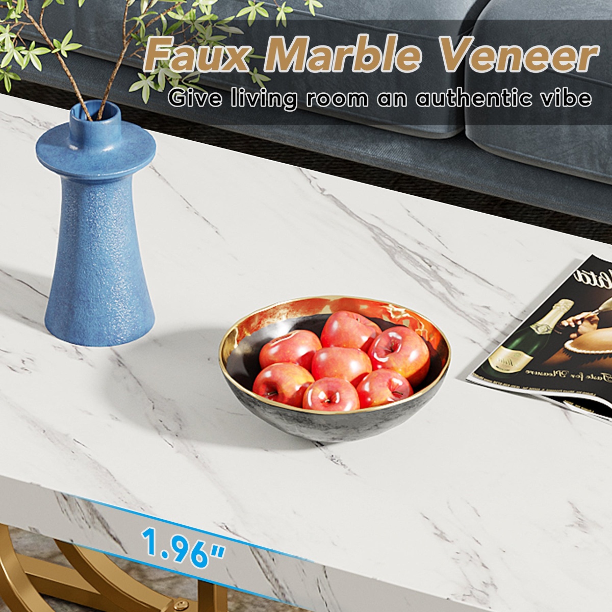 Coffee Table, 47? Faux Marble Cocktail Table with Geometric Frame - Image 8